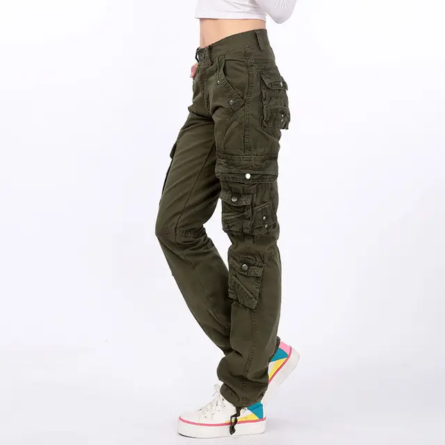 Women Cargo Pants Cotton Casual Mid Waist Full length Loose Multi