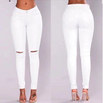 

2018 white ripped jeans for women New Stretchy Blue Ripped Jeans Woman Denim Pants Trousers For Women Pencil Skinny Jeans