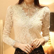 Spring Nice Lace Embroidery Plus Size Women Base Shirts Beading Elegant Flora Ladies Blouses Vintage Retro Blouses A818