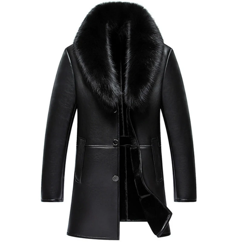  Russian Winter Fox Fur Collar Leather Jacket Men New Business Casual Medium Long Windbreaker Coat M - 32915350818