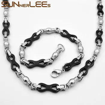 

SUNNERLEES Jewelry Stainless Steel Necklace Bracelet Set 8mm Black Silver Color Geometric Link Chain For Men Women SC88 S