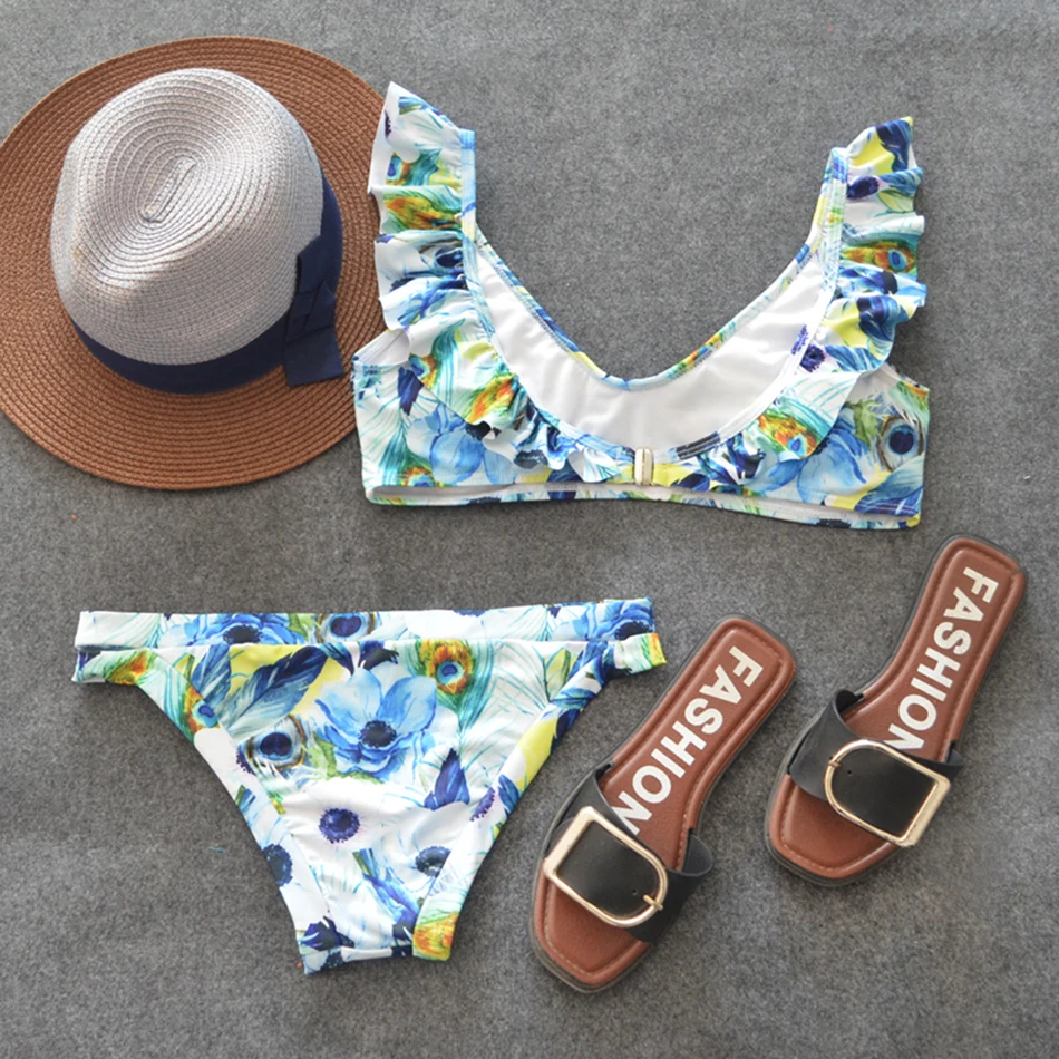 OM 2018 New Style Sexy Ruffle Floral Print Lace One Piece Swimsuit Women Bathing Suit Brazilian Swimwear Monokini Beach Wear Female