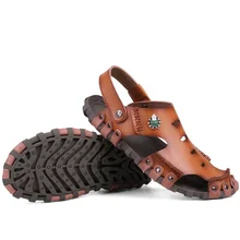 2017 Verano Nuevas Sandalias de Diseño Planos del Cuero Genuino del Zurriago de Los Hombres Zapatillas de Moda de Playa Zapatos Casuales