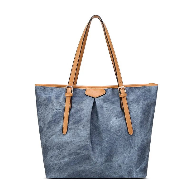 

2018 handbags fashion large capacity PU leather denim women tote bag matt color gray female leather handbag for ladies bags