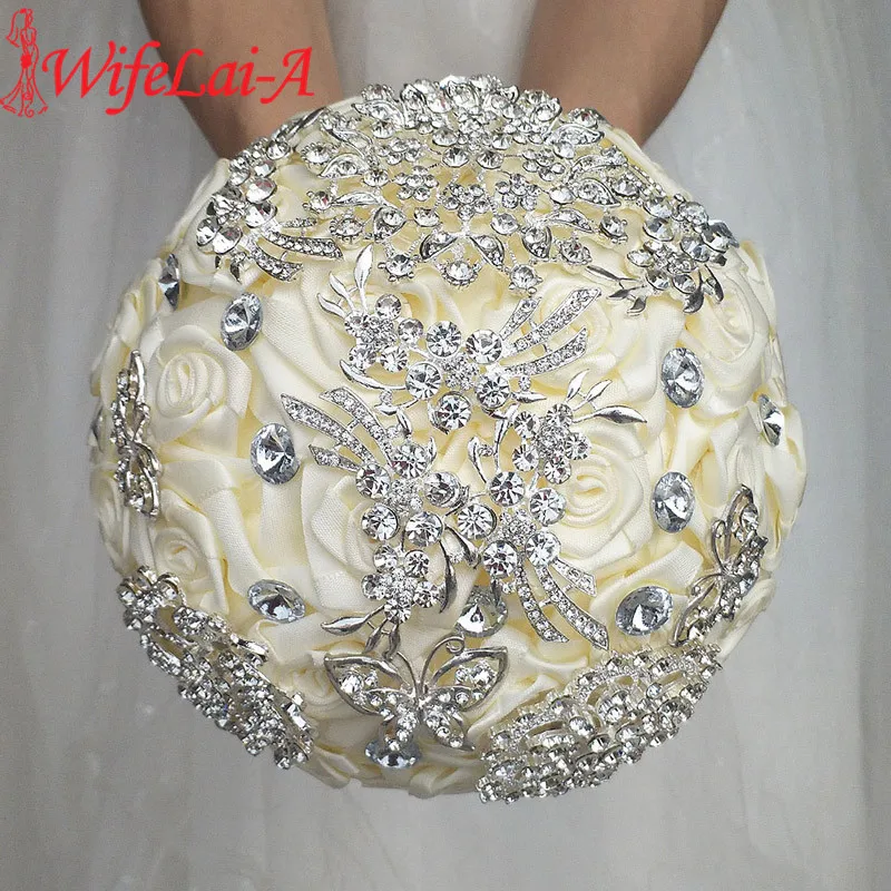 

Factory Custom Gorgeous Full Crystal Brooch Bridal Wedding Bouquets Ivory Silk Rose Diamonds Artificial Flower Bouquets W124