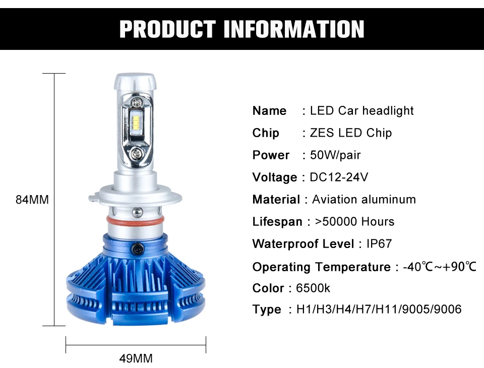 Aceersun Fanless LED H4 H7 H11 9005 9006 ZES 50W 12000LM Car LED Headlight Bulb 6500K Auto Headlamp Fog Lights 12v 24v HB3 HB4 (8)