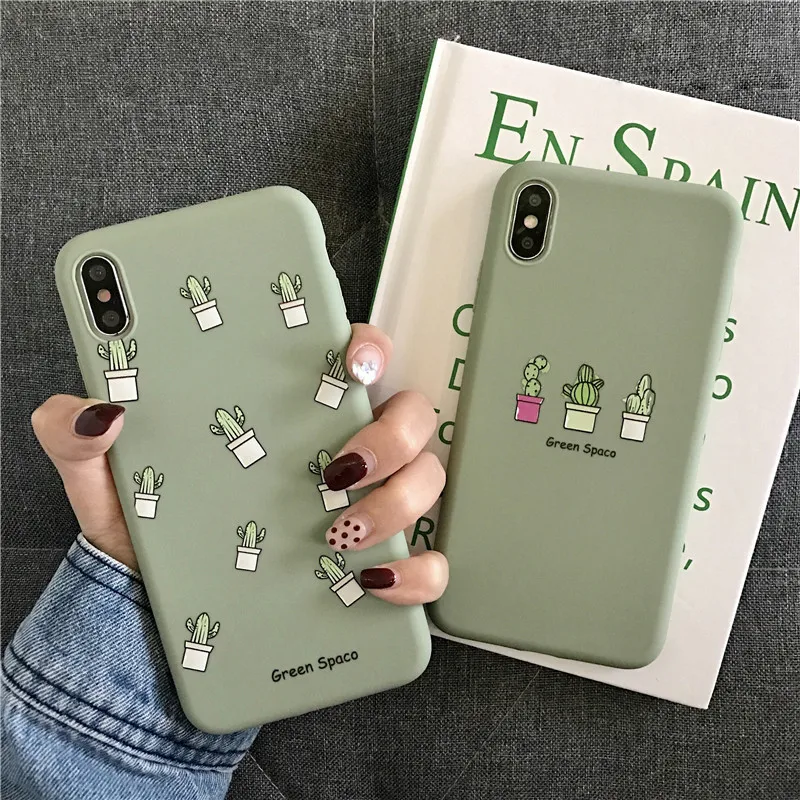 

Cute Green Cactus Pot Plant Mobile Shell For iPhone X XS XR XSMAX Soft TPU Summer Phone Case For iPhone7 8 6 6S Cover