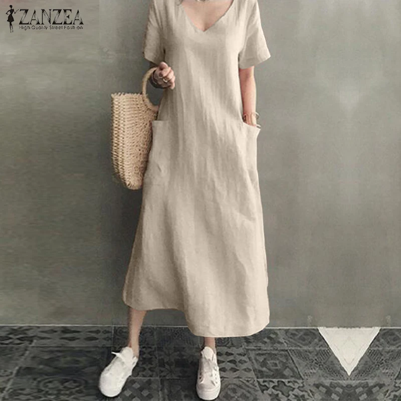 

Plus Size Women Sundress ZANZEA Summer V Neck Short Sleeve Long Shirt Vestido Robe Femme Cotton Linen Dress Party Dresses Kaftan