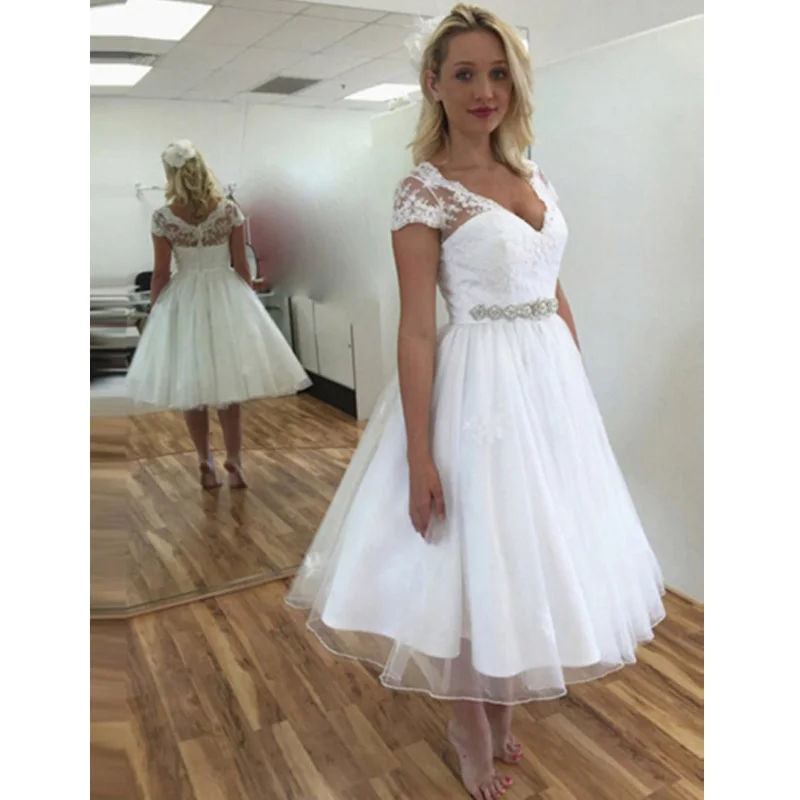 2020 New Arrival Short Sleeves Appliques Bridal Gowns Tea-Length Wedding Dress Custom Made | Свадьбы и торжества