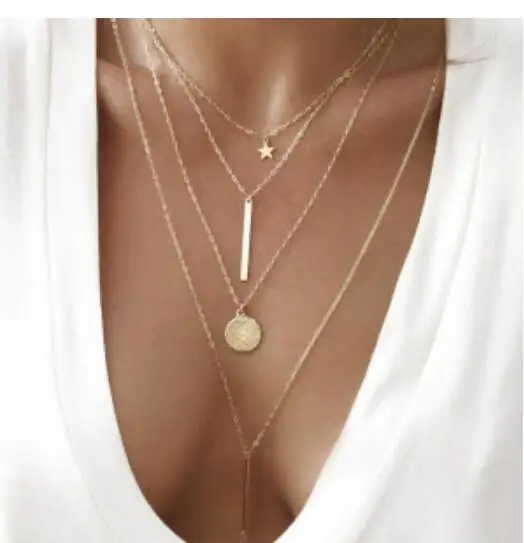 

x 420 Five-pointed star word geometry round metal wind multi-layer necklace Europe and the United States cross-border new fashio