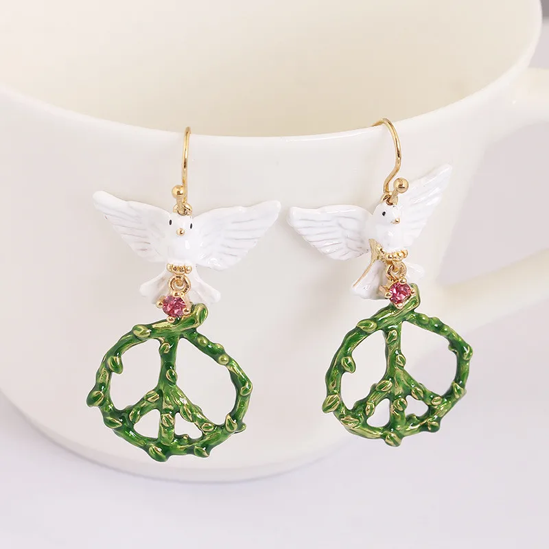 

Warmhome Trendy Jewelry Enamel Glaze Original Flowers Bird Series White Pigeon Green Leaves Circle Women Hook Earrings