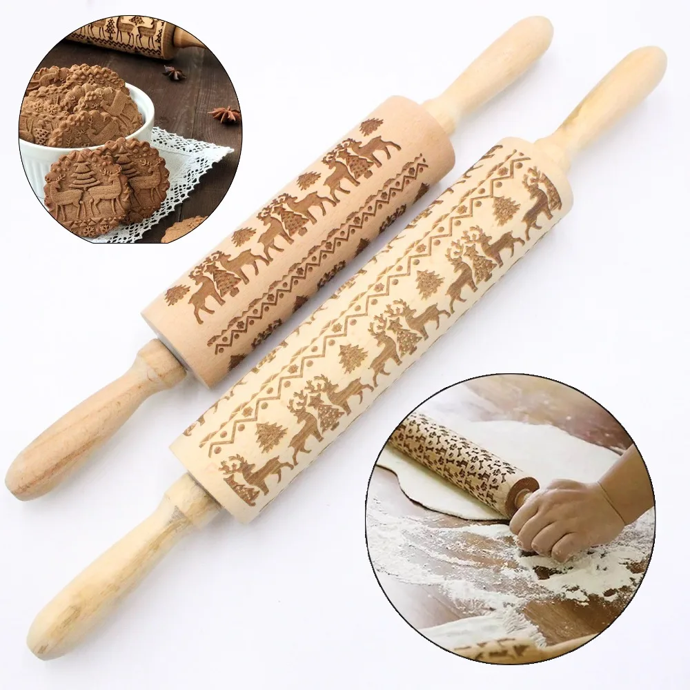 

Wooden Rolling Pins Pastry Board Christmas Cookies Tree Elk Printing Rolling Pins for Xmas Party Baking Tools Waffles Pizza Cook