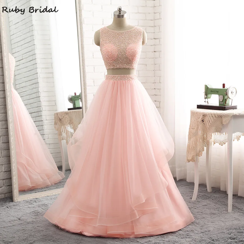 

Ruby Bridal Vestido De Festa Long Evening Dresses Pink Tulle beads Luxury A-line Cheap Two Pieces Party Prom Gown P126
