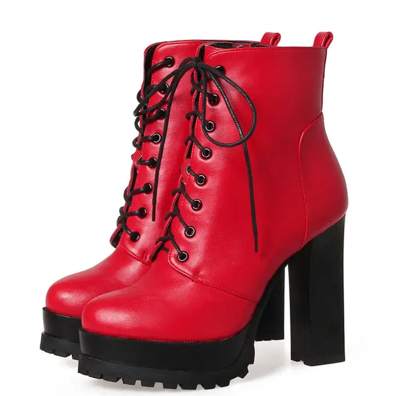 LAIGZEM/модные женские ботильоны водонепроницаемые ботинки на платформе со шнуровкой ботинки на не сужающемся книзу массивном каблуке-шпильке; Botines Mujer; маленькие и большие размеры 3-10,5 - Цвет: LGZ78 Red Chunky