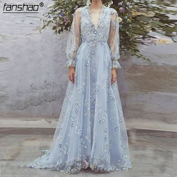 

Sky Blue Lace Muslim Evening Dresses Long Sleeves V-Neck Flowers Illusion Islamic Dubai Saudi Arabic Evening Gown Prom Dress