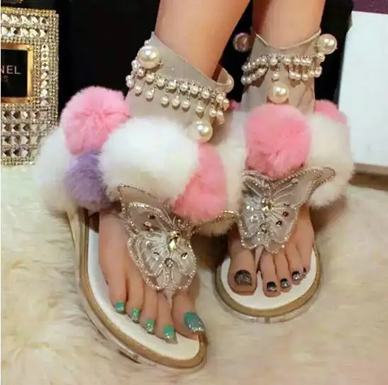 

2018 Summer New Ankle Boots Luxury Crystal Women Sandals Beauty Mixed Color Fur Gladiator Sandals Women Flats Wedges Dress Shoes