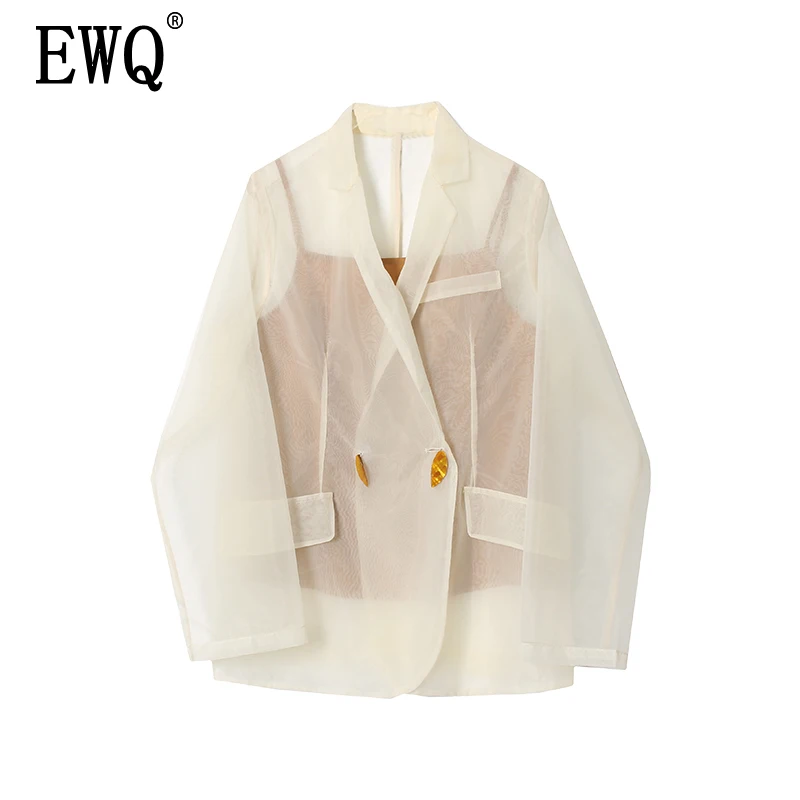 

[EWQ] 2019 Spring Autumn New Apttern V- Collar Long Sleeve White Patchwork Double Breasted Casual Coat Women Fashin Tide AG811