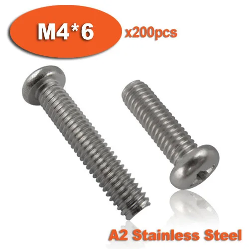 200pcs DIN7985 M4 x 6 A2 Stainless Steel Pan Head Phillips Screw Cross Recessed Raised Cheese