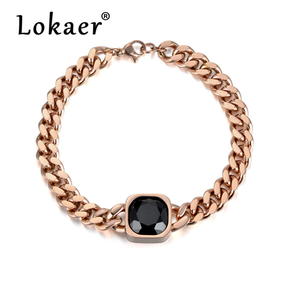 Lokaer классическая роза золотой цвет 14 мм квадратный черный кубический цирконий браслеты из нержавеющей стали звено цепи браслет B18021R