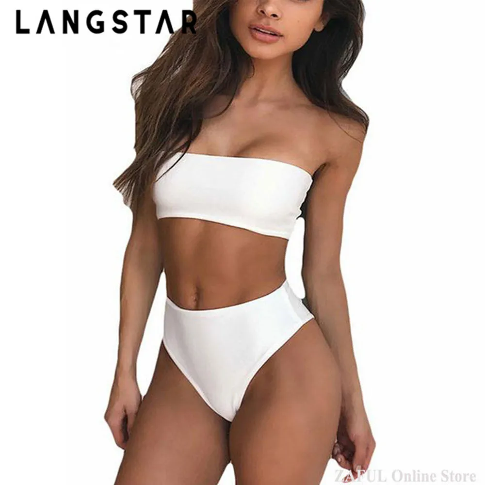 LANGSTAR Bikini Swimwear Women Bandeau Collar High Cut Bikini Set Strapless Swimsuit High Leg Bathing Suit Summer Beacher Biquni LANGSTAR Bikini Swimwear Women Bandeau Collar High Cut Bikini Set Strapless Swimsuit High Leg Bathing Suit Summer Beacher Biquni