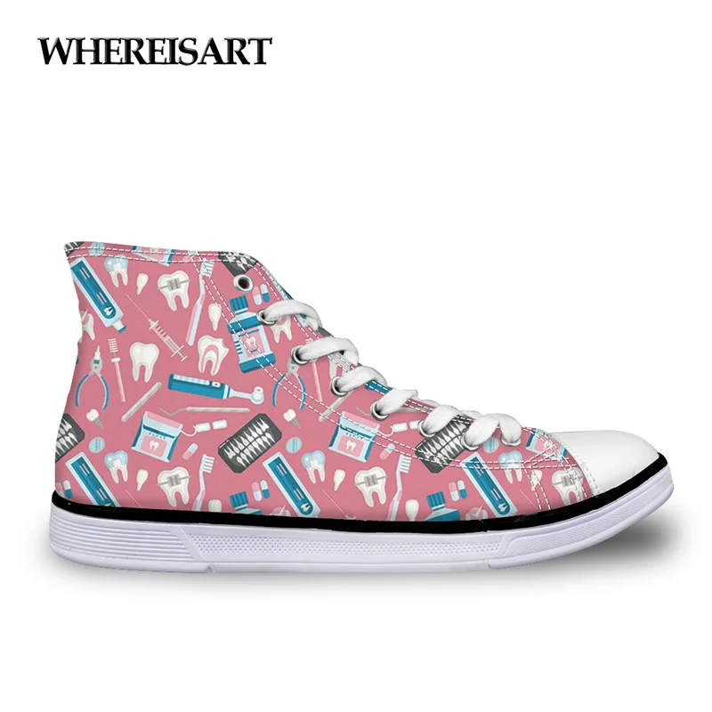 

WHEREISART Cartoon Teeth Print Canvas Shoes For Women Breathable Lace Up Summer Travel Sneakers Ladies New Pink Vulcanize Shoes