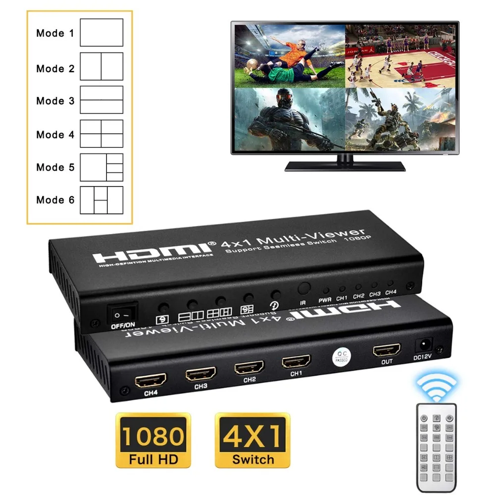 

HDMI 4X1 MultiViewer Quad Viewer 1080P HDMI Screen Splitter with 6 Modes Seamless Switch for Game Exhibition Hall Display Mall
