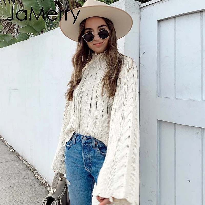 JaMerry винтажный белый вязаный свитер для женщин с высоким воротом с расклешенным рукавом и бахромой пуловер Джемпер Осень Зима сплошной Женский свитер