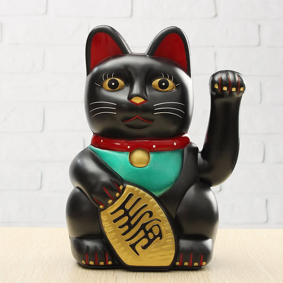 Black 17.85cm 7inch Big Feng Shui Beckoning Cat Wealth Fortune Lucky Waving Kitty Decor