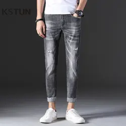 2019 джинсы для мужчин обтягивающие стрейч укороченные брюки до щиколотки серые модные с разрезами качественные брендовые выдалбливают