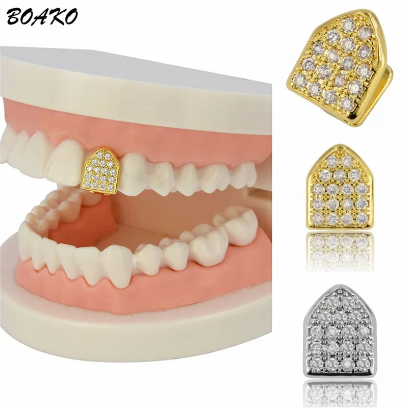 BOAKO Bling Teeth Grillz Топ и низ CZ грили зубные хип-хоп вампирские зубы шапки гриль рот Украшения для тела раппер вечерние подарок 1 шт