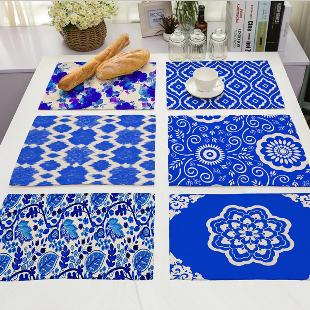 6pcs Blue and white porcelain series placemat printed linen Western mat