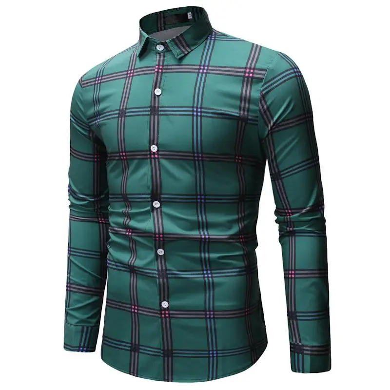 

Plaid Hawaiian Shirt Mens Clothing Long sleeve Mens dress Shirts Blouse Man Slim fit White Blue
