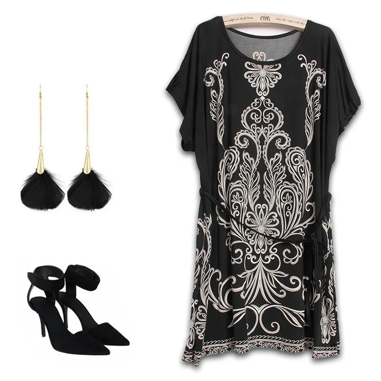 New 2015 fashion women summer casual dress black and white mini vintage print dresses plus size