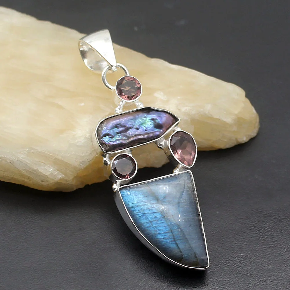 

Natural Black Labradorite Biwa Pearl Amethystt 925 Sterling Silver Charms Necklace Pendant 2 5/8 Inches A493