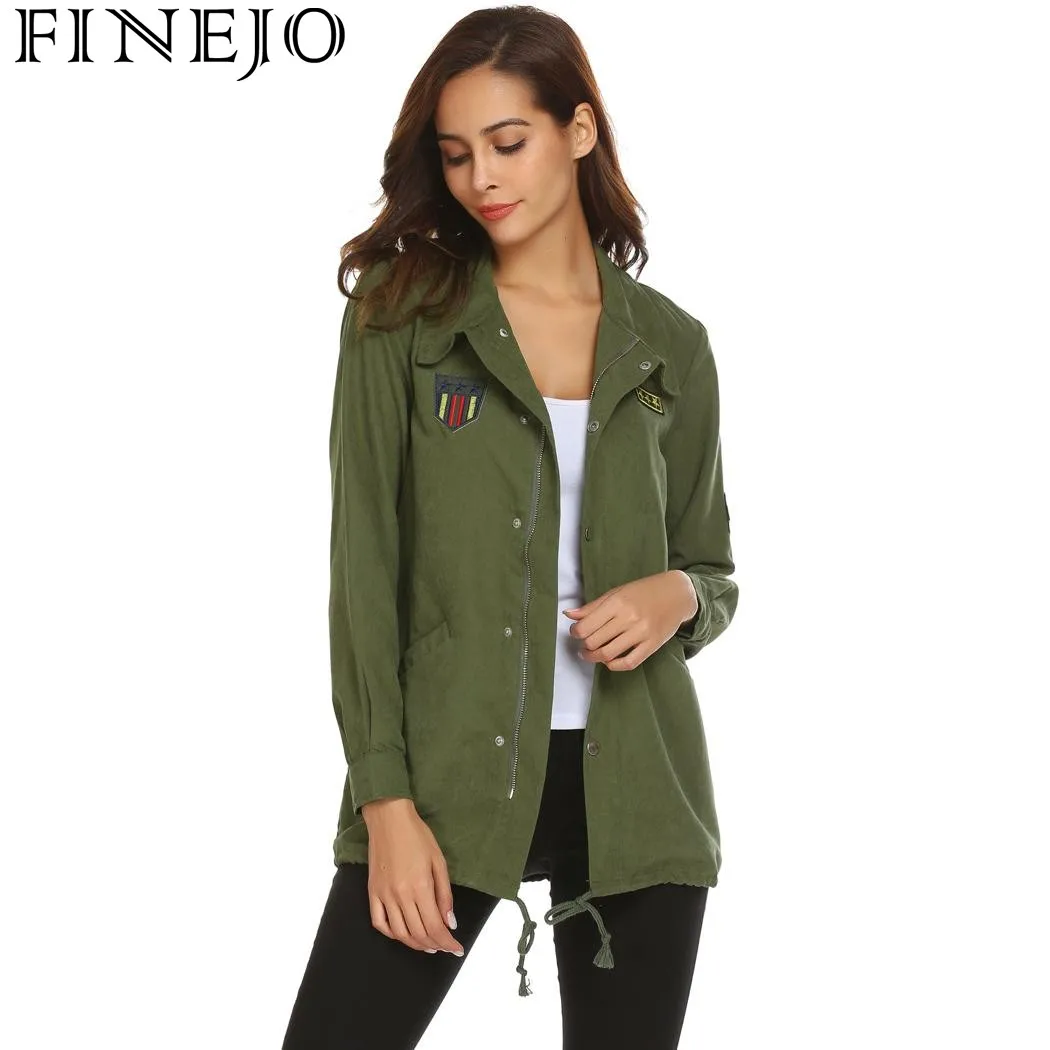 astounding  FINEJO women Jacket Outwear Autumn Spring Drawstring Coat Long Sleeve Feminino Casaco Solid appliqu