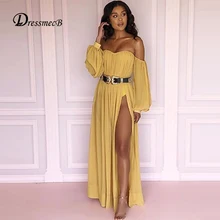 DRESSMECB шифоновые летние платья без бретелек с открытыми плечами женское сексуальное платье с длинным разрезом ДРАПИРОВАННОЕ свободное однотонное пляжное платье