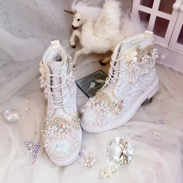 Роскошная обувь; свадебные ботинки для невесты; обувь принцессы с блестками и жемчугом; Очаровательная Женская обувь; сезон осень-зима; Яркая обувь с украшением в виде кристаллов