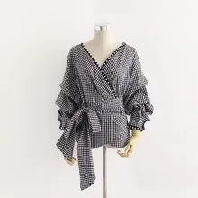 MAINROLES X12 fashion women brief striped print v neck pleated puff sleeve shirt with sashes ladies match all blouse blusas tops
