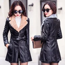 Зимняя новинка, Женская длинная куртка из искусственной кожи, пальто, женская мода, большой меховой воротник, толстая, плюс хлопок, тонкая, плюс размер, ветровка