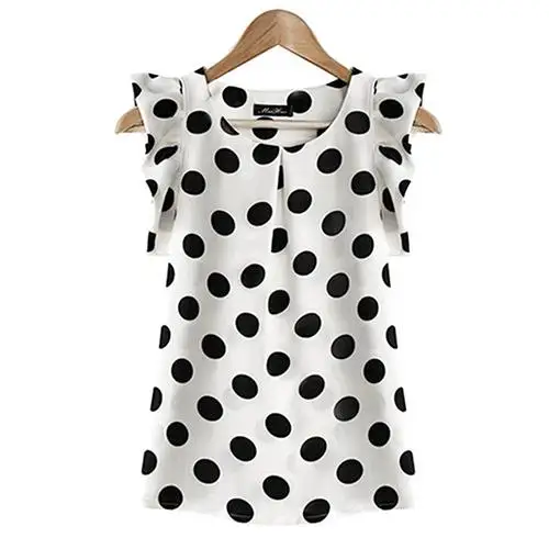 Hot Women Summer Casual Polka Dot Round Neck Short Sleeve Shirt Top Chiffon Blouse