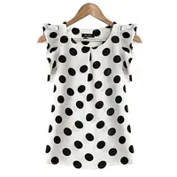 Hot Women Summer Casual Polka Dot Round Neck Koszulka z krótkim rękawem Top Szyfonowa bluzka 1