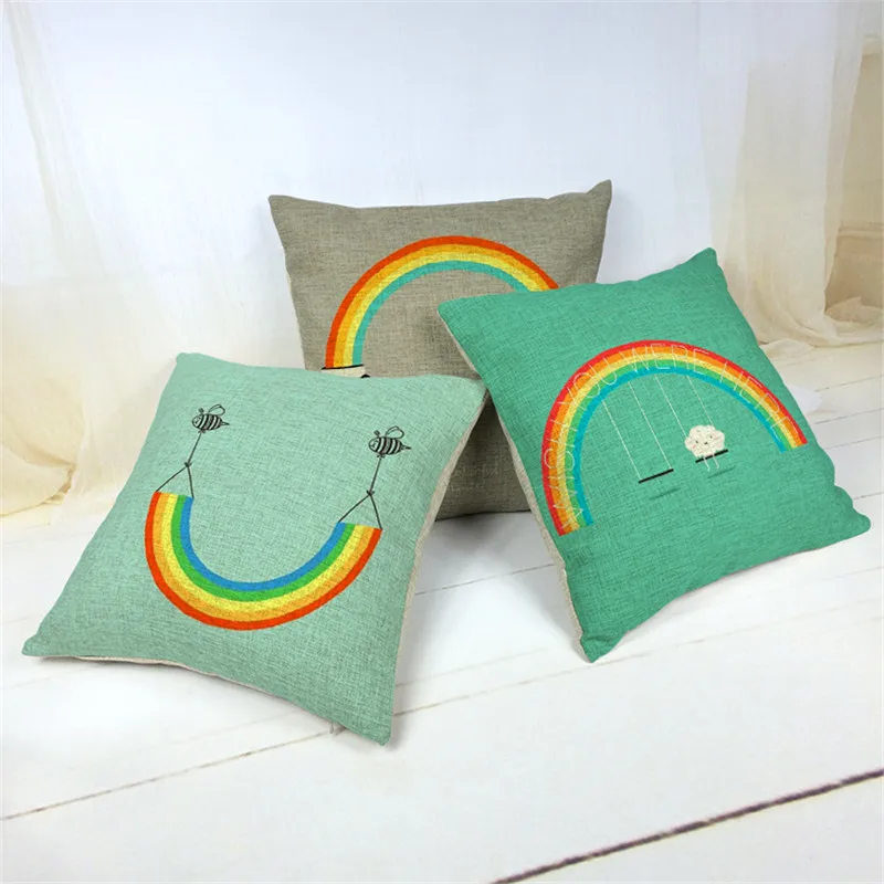 

Panda Home Decorative Throw Pillows Cotton Linen RAINBOW Cushion Cover Two Bees Pillow Case Seat Chair Car-covers Sofa Home Case