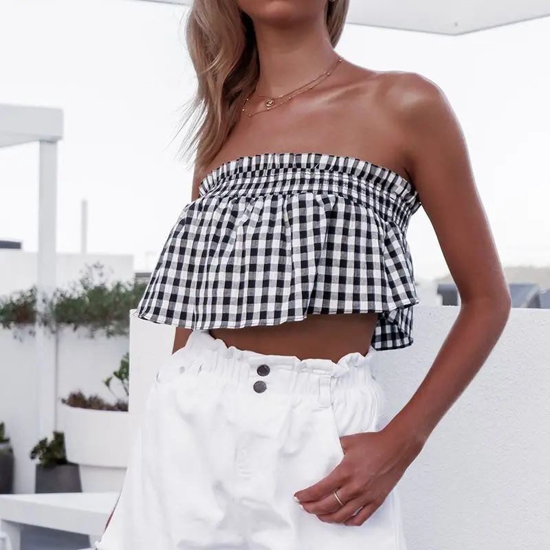 

X Sexy Women's Blouse Fashion Lattice Backless Ruffled Word Shoulder Strapless Shirt Plaid Short Paragraph Umbilical Tube Top