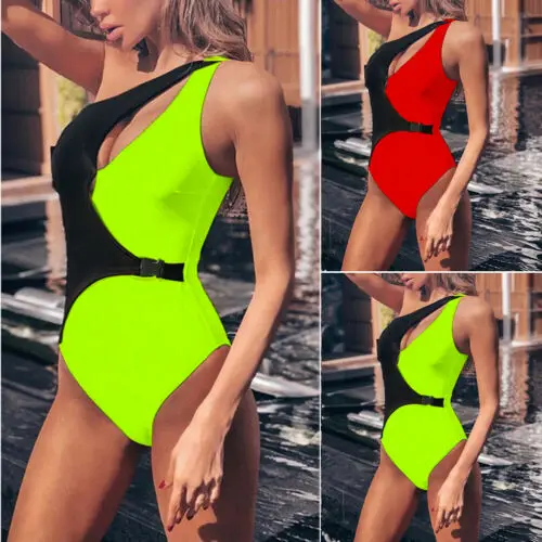 

Women One-Piece Suits Swimsuit Push Up Buckle Assorted color Bikini Irregular Shoulder Monokini Swimwear Beachwear