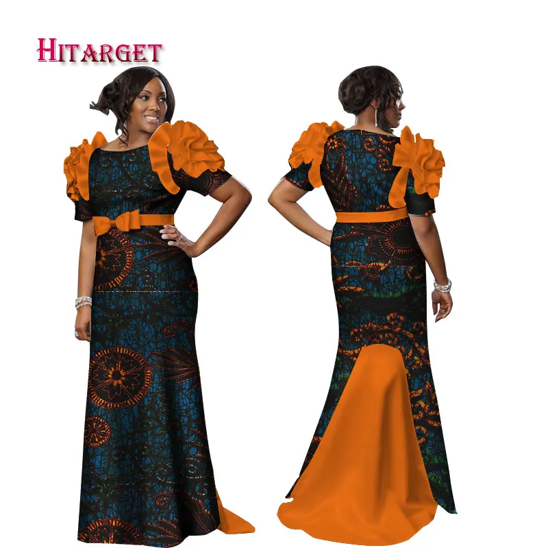 

2019 New Bazin Riche African Dresses for Women Print Splice Butterfly Sleeve Long Dresses African Dashiki Women Clothing WY2335