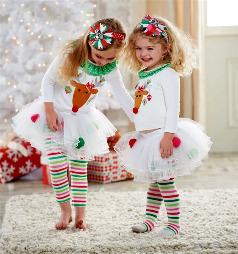 US Kids Baby Girls Christmas Cotton Outfits Long Sleeve Tops+Long Pants Clothes
