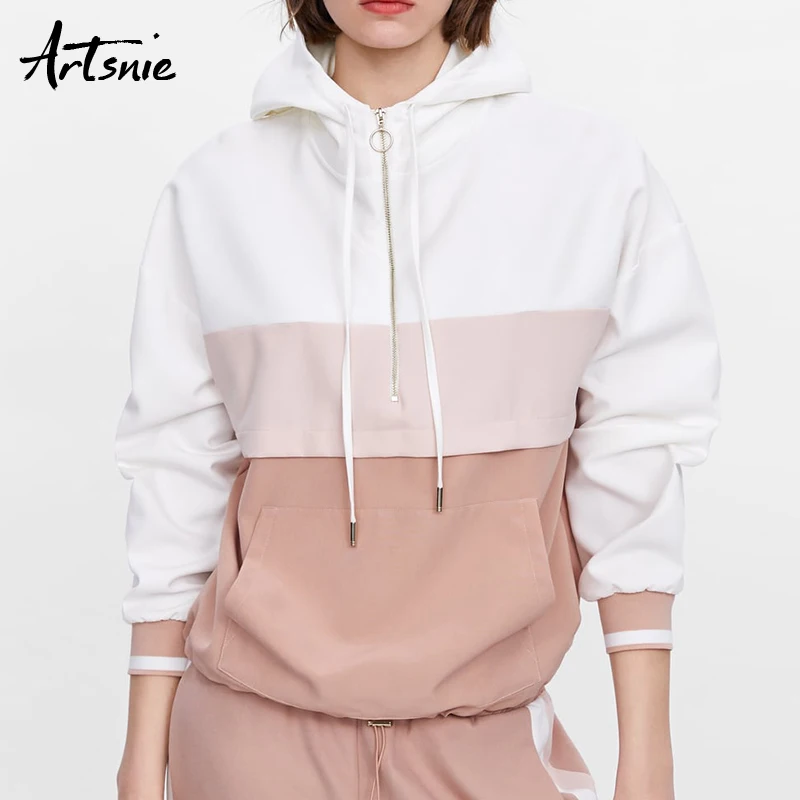 

Artsnie pink patchwork casual women sweatshirt spring 2019 hoodies long sleeve pockets zipper loose running sweatshirts mujer
