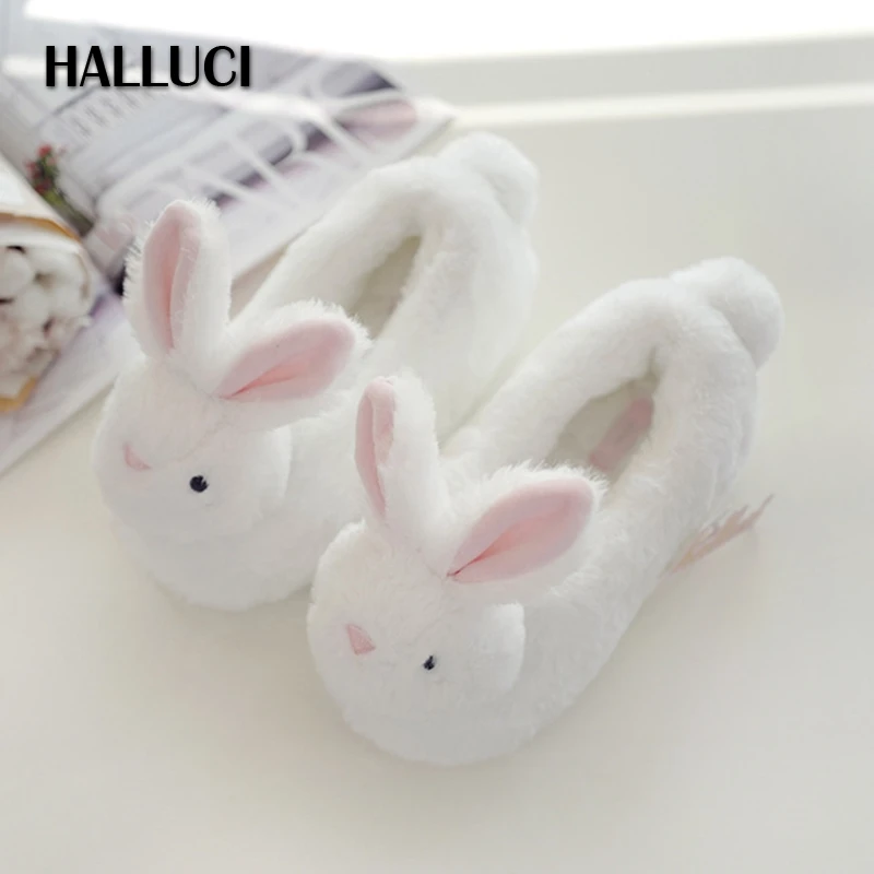 

HALLUCI Child rabbit Cartoon home flats slippers kids boys girls fleece kawaii keep warm Children fur indoor kid shoes