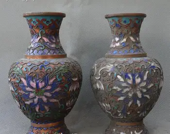 

15CM China Cloisonne Bronze Carving Lotus Flower Bottle Vase Flask Pot Jar Pair