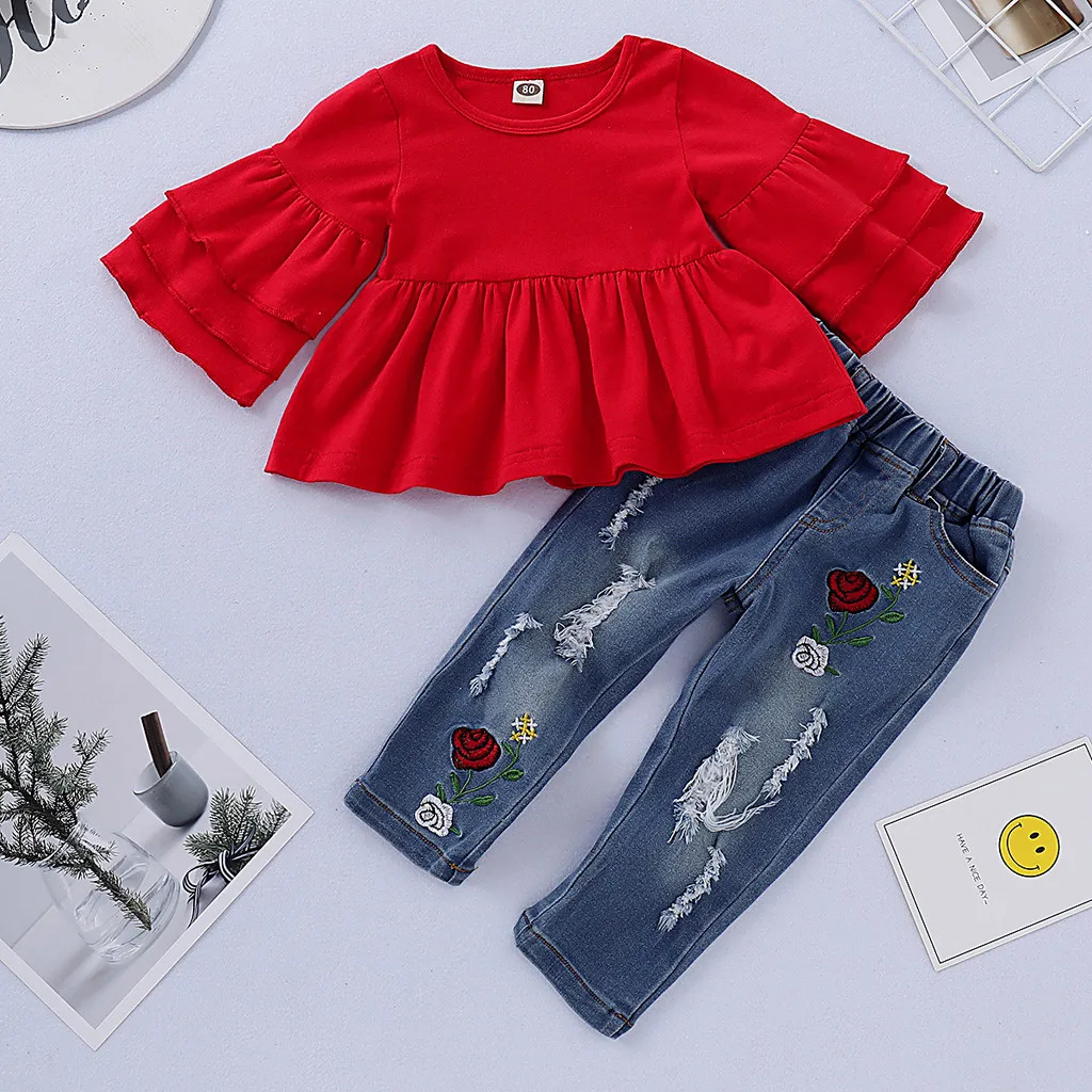 Одежда для девочек Детский комплект, лето, футболка с оборками для маленьких девочек Топы+ цветочные вышитые джинсовые брюки, комплект одежды, детская одежда
